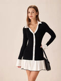 2025 New Short Dress Women's Fashion Lotus Side Knitted Dress Long-Sleeved Little Scented Style