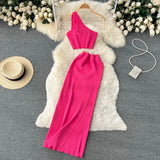 Purple Summer Women Solid 2 Piece One Shoulder Crop Top Tanks Slit Midi Skirt Set Bodycon Sexy Party Elegant