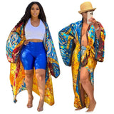 Ups Women Coat Beach Print Floral Long Coats Open Stitch Full Sleeve Loose Casual Elegant Knee Length Outerwear 2024-Outfit
