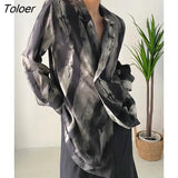 Women Black Tie Dye Should Padded Big Size Blouse New Lapel Long Sleeve Loose Fit Shirt Fashion Spring Autumn 2023