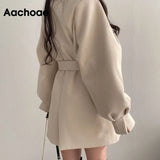 Aachoae Women Autumn Winter Slim Wool Coats With Belt Lantern Long Sleeve Turn Dwon Collar Outwear Female Chic Elegant