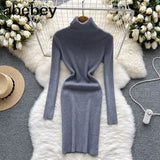 Sheath Women Dress Fashion Turtleneck Long Sleeve A Line Bodycon Dress Female Solid Streetwear Knitted
