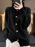 Spring And Autumn New Round Collar Simple Pure Color Temperament Commuting Color Square Buckle Loose Casual Sweater Knitting Cardigan-Outfit