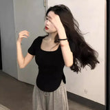 Toloer 2024 New Pure Desire Wind Big U-Collar Hot Girl Top Show Slim Slim Irregular Short-Sleeved T-Shirt Female
