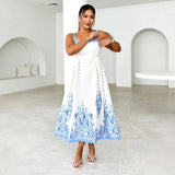Women's Summer Fashion Printed Wave Dress With Sleeveless Backlace Sling Dress