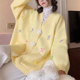 Version V-Collar Three-Dimensional Flower Bow Fashion Knitted Cardigan Autumn And Winter New Loose Lazy Sweet Sweater Girl-Outfit