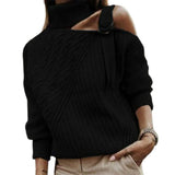 Off Shoulder Knitted Sweater Adjustable Buckle Twist Decor Long Sleeve One Turtleneck Pullover Sweater Female