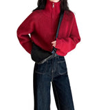 Sense Half-High Collar Zipper Red Knitted Shirt Women's Short Autumn And Winter New High-Waist Sweater Loose Thick