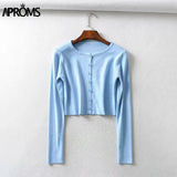 Aproms Candy Color Ribbed Knitted Cardigan Women Autumn Winter Long Sleeve Basic Cropped Sweaters Female Casual Short Jumper