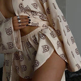 Toloer New Loose Print Women's Casual Tie Long Sleeve Pajamas High Waist Shorts Set Home Clothes-Outfit