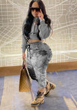 Winter Casual Long Sleeve Cropped Hoodies and Printed Sweatpants 2 Piece