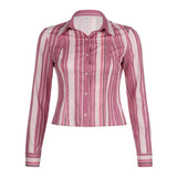 Toloer Retro Pink Striped Long Sleeve Shirt Women's Polo Collar Slim Slim Single Breasted Top-Outfit