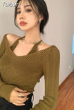 Women Cropped Sweater Korean V Neck Y2K Tops Pullover Halter Off Shoulder Sweaters Long Sleeve Fake Two Piece