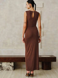 New Women's Folded Wrinkles Sleeveless Long Dress Stylish Metal Decorative Solid Color