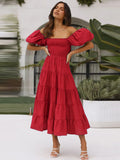 Summer New Bubble Sleeve Holiday Show Skinny Dress Babes High-Waisted Shoulder-Print Dress Dress