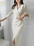 Han Queen Elegant Occupation Pencil Dress Women Autumn Sheath Dresses Simple Slim Mid-Calf Party Casual Bodycon Vestidos 2023-Outfit