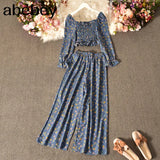 Women Autumn French Print Floral Suits Square Collar Puff Sleeve Short Tops+High Waist Wide Leg Pants Two Pieces