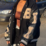 Women Leather Baseball Jacket Harajuku Bone Letter Varsity Bomber Jackets Hip Hop Streetwear Men College Breasted Coats