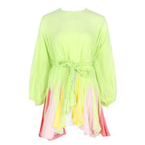 Hit Color Print Dresses Women Long Sleeve O Neck High Waist Lace Up Female Dress Spring Casual Fashion