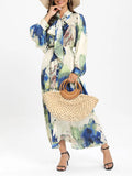 Loose Elegant Dresses For Women Bow Collar Long Sleeve High Waist Folds Print Hit Color Temperament Dress Female