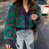 Vintage Long Sleeve Cherry Pattern Knitted Cardigan For Women Autumn Winter Korean Sweaters Female Cardigan Jacket With