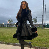PU Leather Jackets Women Fashion Tie Belt Waist Coats Women Elegant Side Pockets Faux Fur Long Jackets Female