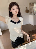 Collar Short-Sleeved T-Shirt Knitted Shirt Women's Summer New Bubble Sleeve French Collared Collarbone Knitted Blouse Korean Temperament