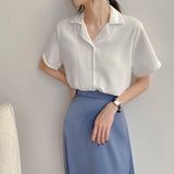 Toloer Spring And Summer College Style Retro Korean Version Of Professional Suit Collar Turn Students Short Sleeve Shirt Female Pure Color Top