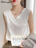 Blouse Women Sleeveless Satin 2022 Summer Basic V Neck White Blouses Sleeveless Silk Summer Clothes For Women Blouses