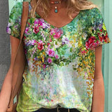Flower Print T-Shirts Casual 3D Painting Graphic Tops Fashion Short Sleeve Y2K V Neck Female Tees Tshirts Plus Size
