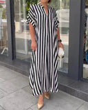Toloer Women's Fashion Side Slit Stripe Loose Casual Short-Sleeved Dress-Outfit