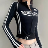 Toloer Locomotive Wind Bud Letter Print Color T-Shirt Women's Standing Tie Zipper Slim Top Tide-Outfit