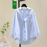 2025 Spring And Autumn New Korean Version Of Small Fresh Cardigan Striped Single Pocket Loose Lanky Long Sleeve Shirt