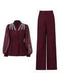 Famous Yuan Two Sets Of 2025 Autumn New Diamond V-Neck Splicing Mesh Suit High-Waisted Trousers Suit