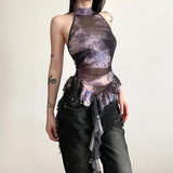 Toloer 2024 New Women's Half High Collar Flounce Sleeveless Print Mesh Slim Small Vest-Outfit