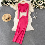 Autumn Fashion Two Pieces Suits V Neck Mini Top+ Hight Waist Slim Long Dress Women Streetwear Solid Knitted