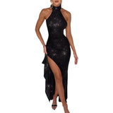 Summer New Fashion Temperament Pure Color Fine Sexy Big Side Open Side Open Shoulder Hanging Neck Dress