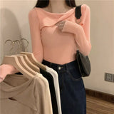 Collarbone Leisure Hollow Long-Sleeved Knitted Shirt Women Autumn New Slimming Elastic Inside The Bottom Of The Blouse