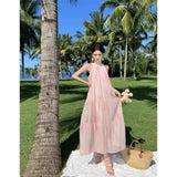 Toloer French Salt Sweet Tie Belt Hanging Neck Sleeveless Loose Long A Word Pink Tie-Dye Vest Temperament