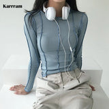 Korean Fashion Ribbed T-shirts Sexy Slim Long Sleeve Tshirts Chic Streetwear Kpop Designer Clothes Solid Tight Tops