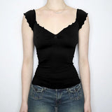 Solid Color Ruffled Short Sleeve Tee-Outfit