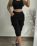 Toloer Women's Wear Tight Waist Slim Show Slim Casual Multi-Pocket Solid Color Cropped