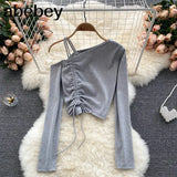 Off Shoulder Strap Blouse Women Diagonal-Collar Long Sleeve Slim Tops Summer Korean Off Shoulder Short