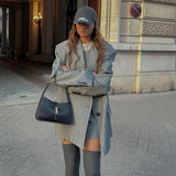 Toloer Women's Fall And Winter Trend Is Advanced With A Two-Piece Striped Suit Jacket Skirt Fashion Suit-Outfit