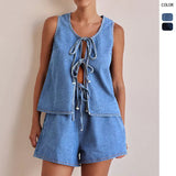 Summer Fashion Casual Sleeveless With High-Rise Women's Vests Denim Set