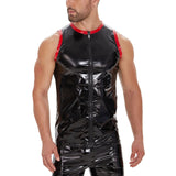Toloer Men's Mirror PU Bright Leather Round Collar T-Shirt Slim Leisure Waterproof Sleeveless Vest No Smell-Outfit