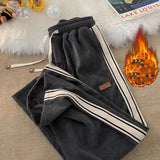 Striped Corduroy Sweatpants Women Winter Thick High Waist Drawstring Wide Leg Trousers Y2K Korean All-Match Straight Pants-Outfit