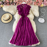 Purple/Green/Red Lace Midi Dress Women Sweet Round Neck Ruffle Vestidos Female High Waist Slim Robe Spring Autumn