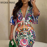 Women Elegant Deep V Neck Lace Up All Over Print Maxi Shirring Party Sexy Vacation Dress-Outfit