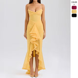 New Temperament Yellow Suspension Lace Long Dress Babes Sling Skirt